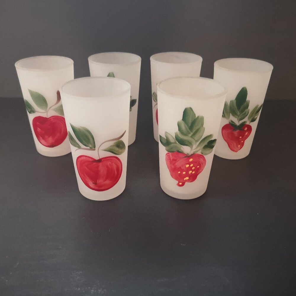Vintage Frosted Federal Glass Hand Painted 4" High Juice Glasses Set of 6